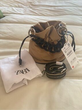 ZARA Tan Mini Drawstring Bucket Bag with Black Chain
